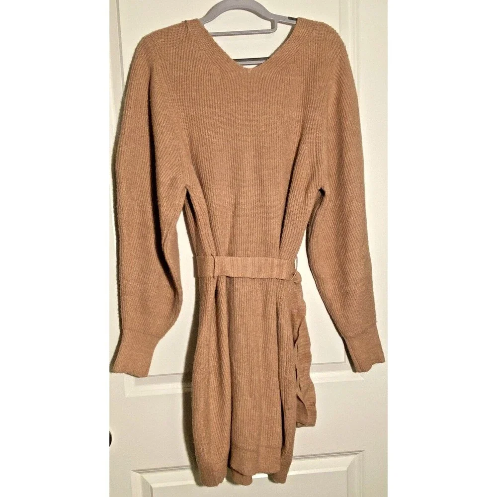 Free‎ People Sienna Pink Wrap Knit Belted Sweater Dress Large NWOT